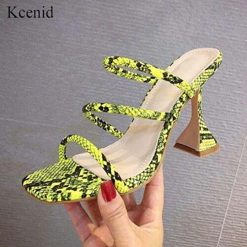Kcenid 2020 New women slipper shoes green serpentine mules high heels woman open sandals strange heel narrow band ladies shoes