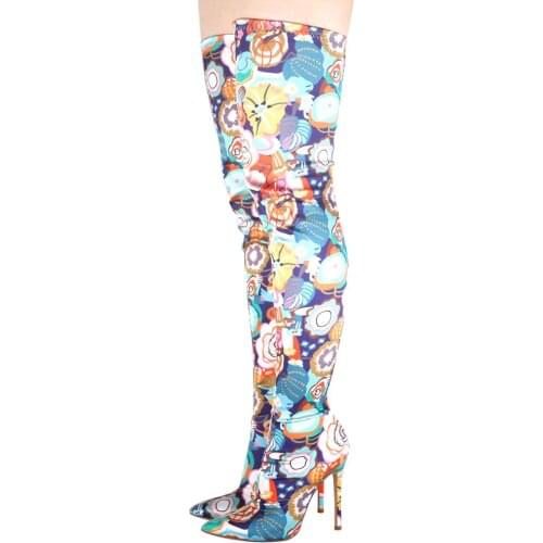 TIMETANG Autumn New Special Flower Print Pointed Toe Women Thigh High Long Boots Over the Knee Thin Heel Woman Shoes Size 34-44