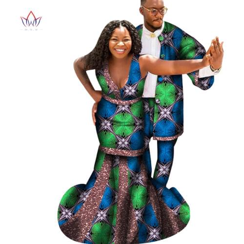 African Print Dresses for Women Bazin Riche Sleeveless Dresses African Men Top and Pants Sets African Couple Clothes WYQ487