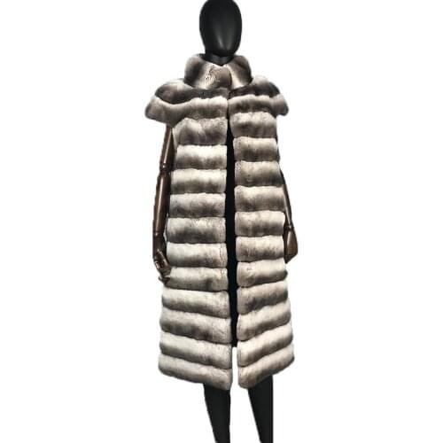 Long Fur Vest Coat Women Genuine Top Selling Chinchilla-Color Real Rabbit Fur Jacket Stand Collar Female Winter Overcoat