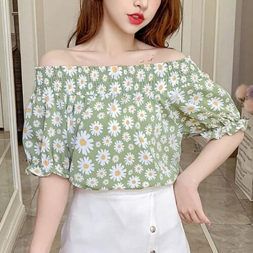 Off Shoulder Women Spring Summer Style Chiffon Blouses Shirts Lady Casual Daisy Printed Slash Neck Blusas Tops ZZ0370