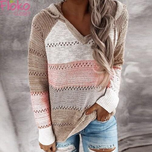 Flokocloset Autumn Hollow Out Knitted Hooded Women Sweater Long Sleeve Tops Casual Loose Lightweight Pullovers