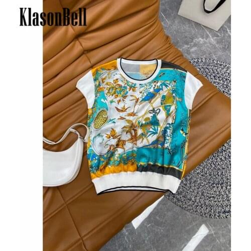 7.5 KlasonBell Silk T-Shirt Women Fashion Contrast Color Print Casual Tee