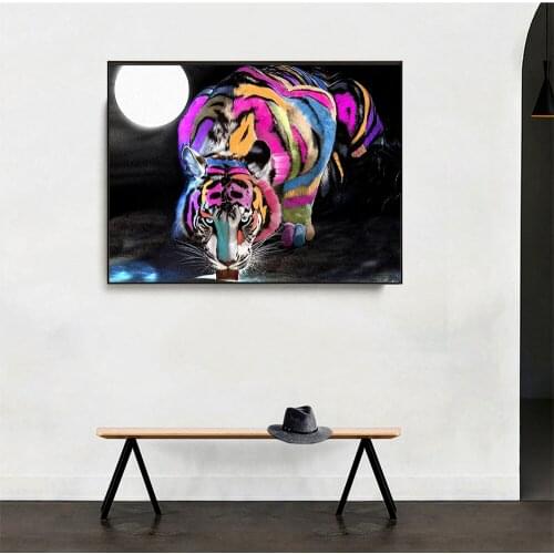AAHH Colored Tiger Drinks Water In The Moonlight Modern Pop Canvas Wall Art Quote Canvas Wall Canvas Painting Print on Canvas