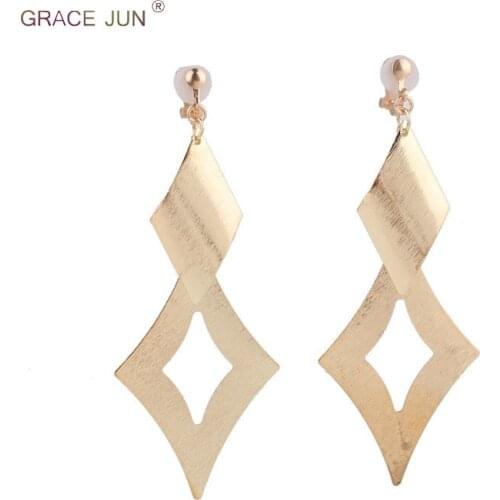 GRACE JUN European and American Style Large Geometric Rectangle Hollow-out Shape Clip on Earrings No Pierced for Women Ear Clip