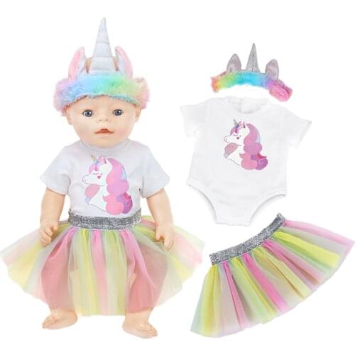 Baby Doll Unicorn Rainbow Dress Headwear fit 43cm Zapf New Born Baby Doll,18 inch American-Girl Our Generation Dolls Accessories