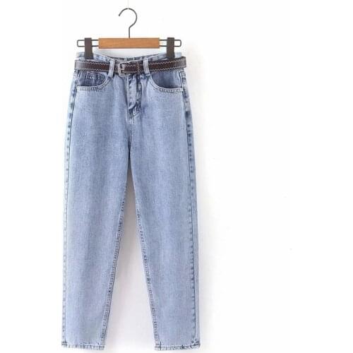DOUJILI Casual Jeans For Women High Waist With Belt Pocket Denim Long Trousers Solid Color Fashion Ladies Pants