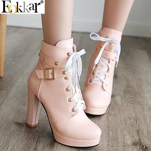 Eokkar 2020 New Arrive Women Ankle Boots Lace Up Square High Heel Platform All Match Elegant Winter Boots Ladies Boot Size 34-43