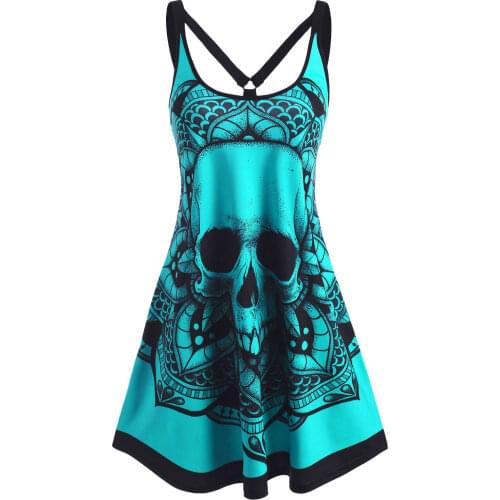 Gothic Dress Skull Flower Print Strappy O Ring Tank Dress Women Summer Casual Sleeveless Mini Dress O-Neck Vest Punk Plus Size