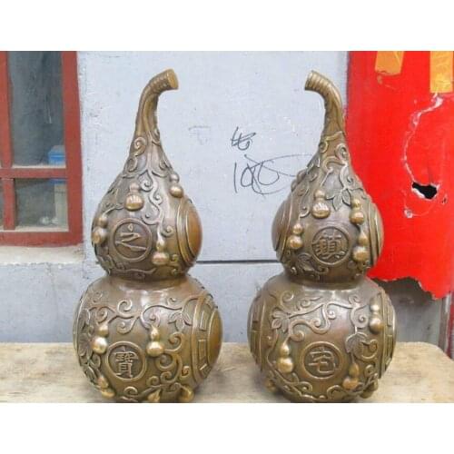 China Feng Shui Ba Gua Diagrams Copper Bronze Calabash Bottle gourd statue Pair