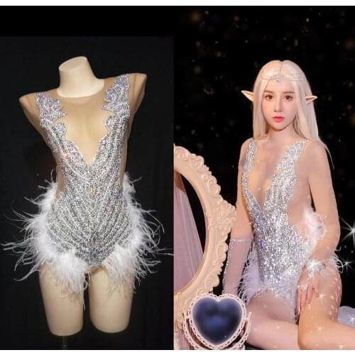 Sexy See Through Rhinestone Feathers Party Bodysuits Women Nightclub Prom Crystal Jumpsuit Cosplay Dancer Leotard Stage Costumes