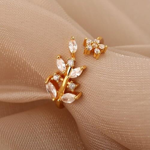 Korean Crystal Olive Tree Branch Leaves Rings For Women Wedding Jewelry CZ Stone Gold Adjustable Antique Finger Ring Engagement