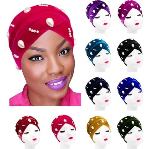 Fashion Women Turbans Winter Soft Solid Color Velvet Cross Muslim Bonnet Headwrap Stretch Headband With Pearl Style Ear Warmer