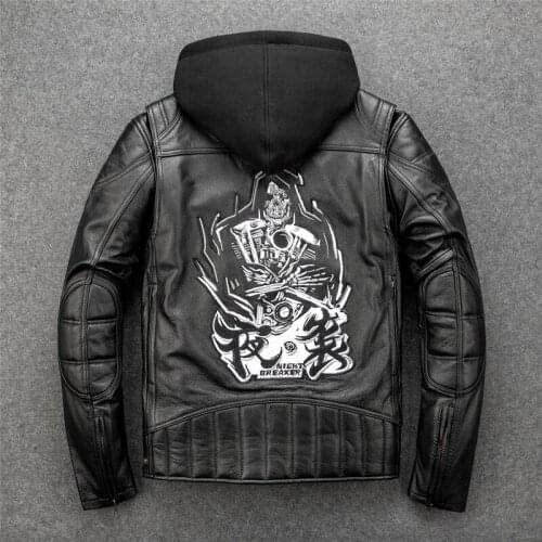 GU.SEEMIO Mens Genuine Leather Jacket Cowhide Thick Bull Hide Embroidery Motorcycle Jacket Motor Bicycle Clothing