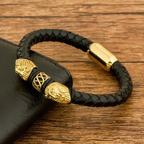 Casual Luxry Fashion Punk Stainless Steel Magnet Glod Braided Genuine Leather Mens Bracelets Jewelry wholesale Accessories