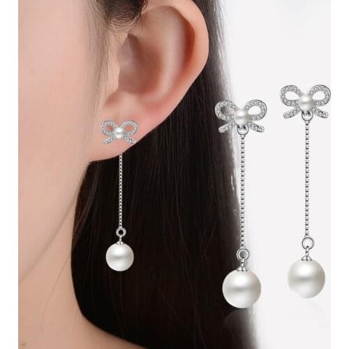 Utimtree New Fashion Zircon Bow-knot Box Chain Long Tassel Ear Line Pearl Drop Earrings Jewelry