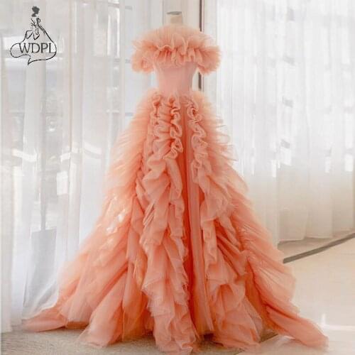New Arrival Orange Pink Prom Dresses Long Off the Shoulder Ruffled Tulle Evening Dress for Women Birthday Party Gowns vestidos