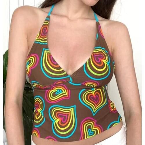 Sexy Backless Camisole Women Halter Crop Tops Summer V Neck Sleeveless Tube Top Heart Print Ladies Back Strap Tank Top