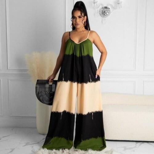 Casual Loose Green New Summer Womens Sexy Hanging Neck Printing Suspender Sleeveless One-Piece Trousers