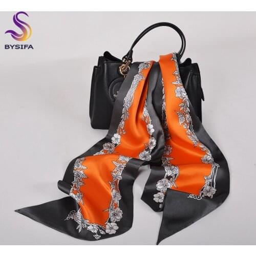 [BYSIFA] Brand Orange Grey Ladies Scarves Ribbons Printed Luxury 100% Silk Long Scarf Elegant Floral Design Head Scarf 155*16cm