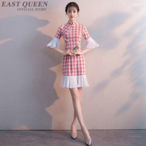 Modern chinese dress tartan clothing qipao short cheongsam for women ladies petite dress 2018 kimono KK2049 Y