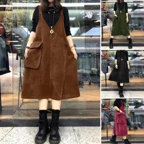 Kaftan Corduroy Overalls Dress Womens Suspender Sundress ZANZEA Casual V Neck Midi Vestidos Female Sleeveless Robe Plus Size