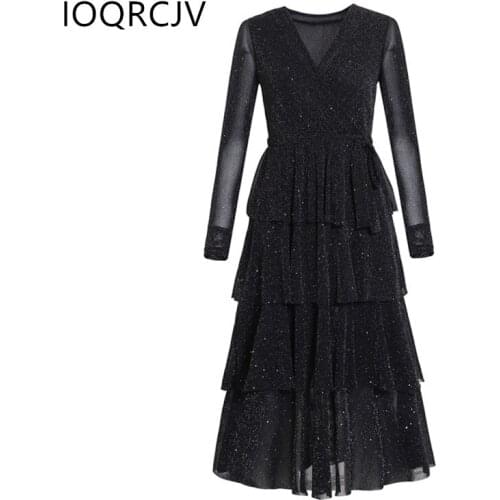 Spring Autumn Women Cake Dress New Style Big Swing Dress long-Sleeved Mesh High Waist Pullovers V-neck Sexy Long Dress Q185