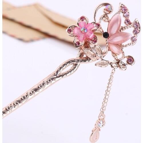 Fashion Metal Chinese Style Tassels Hair Stick Flower Rhinestone Hair Chopsticks Hairpin Wedding Party Headwear Headpiece