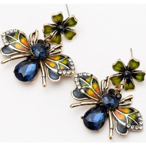 Vintage Rhinestone Crystal Insect Blue Green Butterfly Pendant Drop Earrings Enamel Flower Earrings for Women Girls Jewelry