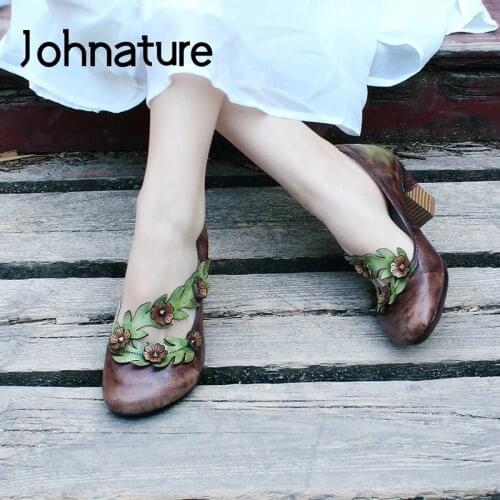 Johnature High Heels 2021 New Spring Pumps Women Shoes Genuine Leather Buckle Strap Retro Flower Platform Heels Ladies Shoes