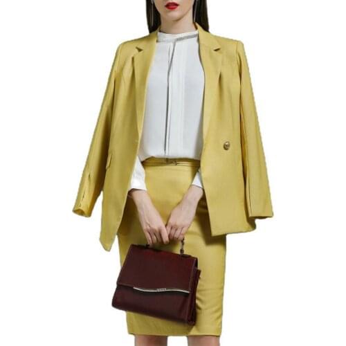 Womens Professional Wear Suit Jacket Plus Skirt Lapel A Buckle Yellow Anti-Wrinkle Fabric Slim Suit Fashion Personality Style