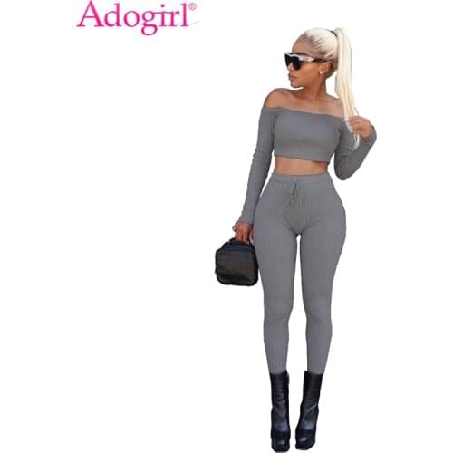 Adogirl High Stretch Ribbed Women Two Piece Set Sexy Slash Neck Off Shoulder Long Sleeve Bodice Crop Top Drawstring Skinny Pants