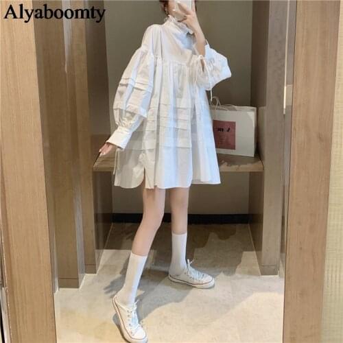 New Autumn Spring Women Streetwear Mini Dress Ruffled Collar Black White Oversized Female Tunic Puff Sleeve Bandage Gothic Dress
