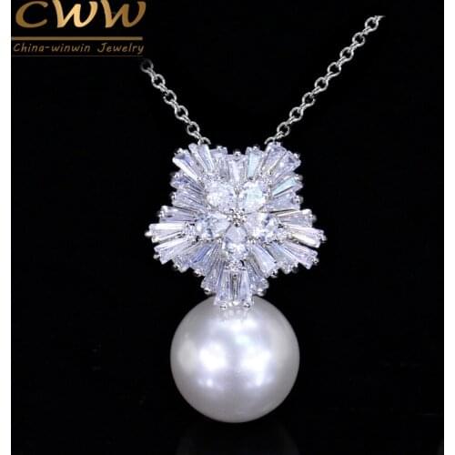 CWWZircons Brand Fashion Silver Color Elegant Women Big White Pearl Pendant Necklace With Cubic Zirconia Jewelry CP050