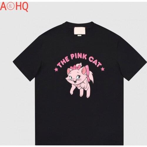 2021 New Summer Trendy Brand Luxury Design Casual Loose Cotton Cartoons Pink Cat Printing Short Sleeve Women Men T-Shirt 0473