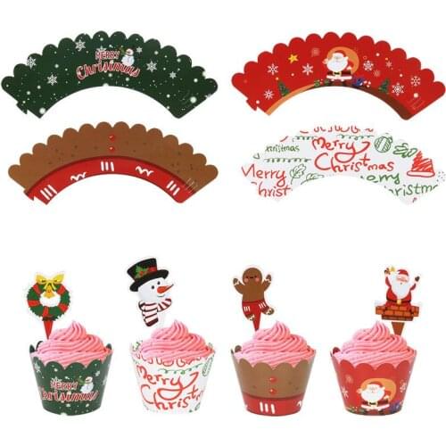 24pcs Christmas Paper Cupcake Wrapper Christmas New Year Birthday Party Cake Decorations Tools Santa Claus Cake Topper