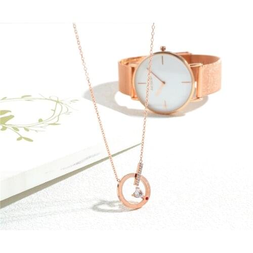 3G 47Cm Korean Style Fashion Necklace For Women Stainless Steel Rose Gold Roman Numerals Love Heart Set Zircon Pendants Jewelry