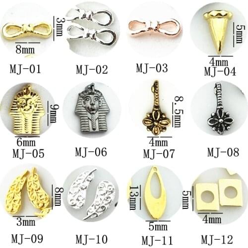 50pcs/pack metal nail art bow knot awl sphinx key palm-leaf fan feather square 3d jewelry gel nails sticker decoration art tools