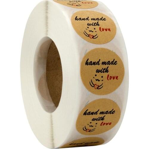 Free Shipping - 2.5CM Round Natural Kraft Handmade with "HANDMADE WITH LOVE" Stickers, 500 Labels Per Roll