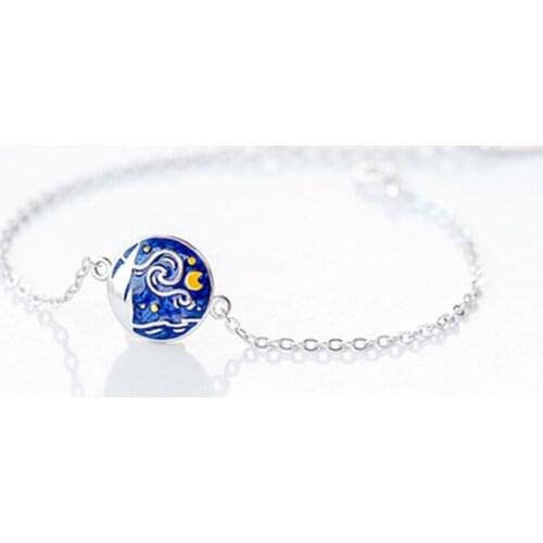 Sole Memory Creativity Van Gogh Starry Sky Moon Literary Romance 925 Sterling Silver Female Resizable Bracelets SBR233