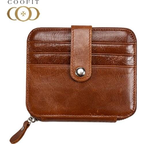 Coofit Unisex Vintage Zipper Wallet Men Women Genuine Leather Coin Purse Small Bank Card Holder Clutch Wallet With Snap Closure