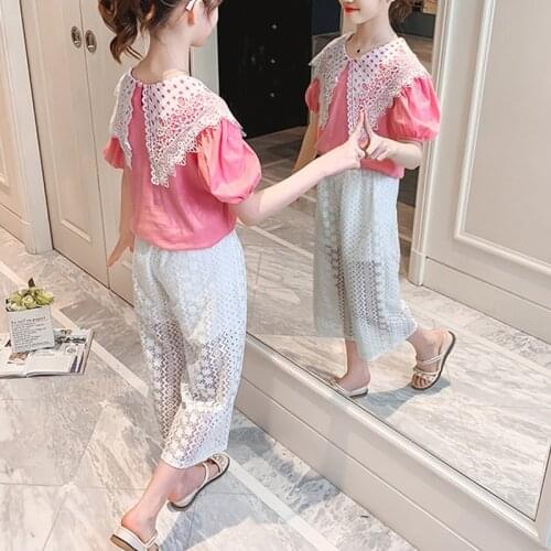 2021 New Childrens Suit Summer New Girls Casual Lace Chiffon Cropped Trousers Short Sleeve Sweet Two-piece Suit