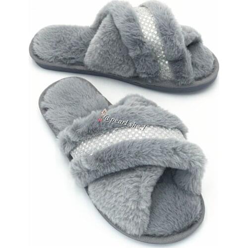 Designer Girl Fashion Fur Slippers Wholesale Faux Fur Cross Indoor Floor Slides Open Toe Slipper