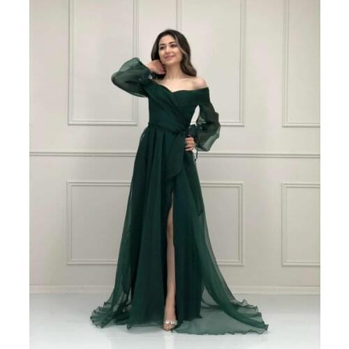 Elegant Long Sleeve Green Evening Dresses with Slit Off Shoulder A-Line Zipper Back Abendkleider Robes de Soirée for Women