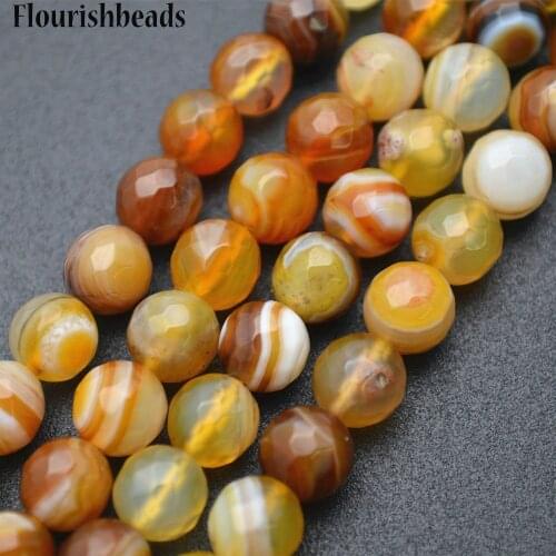 Faceted Natural Yellow Banded Agate Stone Round Loose Beads 8mm 10mm 12mm Jewelry Supplies