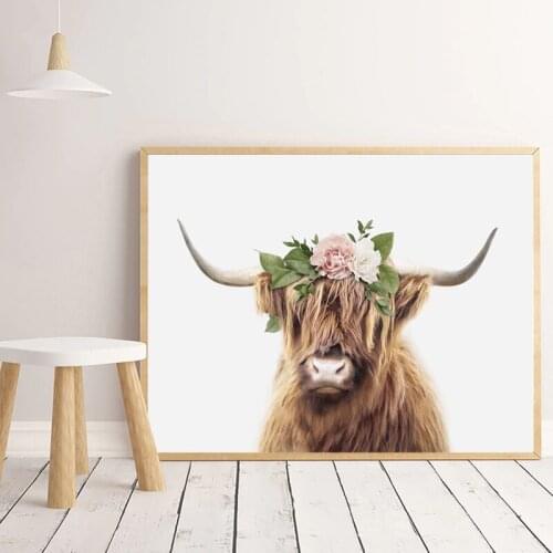 Highland Cow With Flower Crown Art Print Girls Nursery Wall Art Painting Farm Animal Cow Nordic Poster Living Room Decor