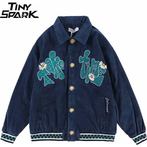 Hip Hop Streetwear Bomber Jacket Coat Embroidery Flower Letter Corduroy Jacket Coat Harajuku Cotton 2021 Men Autumn Jacket Coat