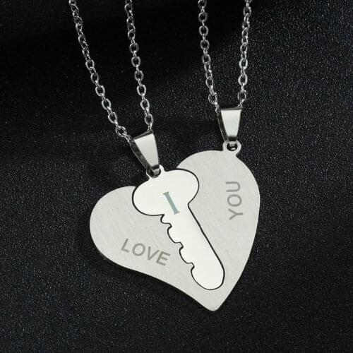 Creative Heart Key Lock Stainless Steel Couple Necklace Set Lovers Pendant Jewelry Valentines Day Memorial Gift