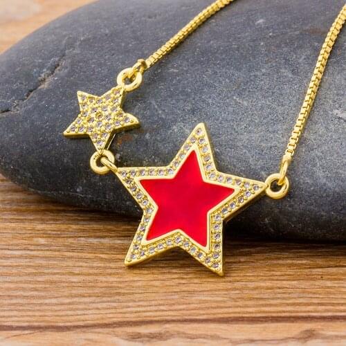 Red/White/Black Double Star Crystal Rhinestone Choker Necklace Gold Color Chain Charm Pendant For Women Zircon Statement Jewelry