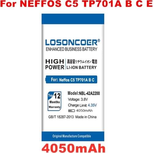 LOSONCOER 4050mAh 3.8V NBL-42A2200 Replacement Battery For neffos C5 TP701A B C E mobile phone Battery Li-Polymer Battery